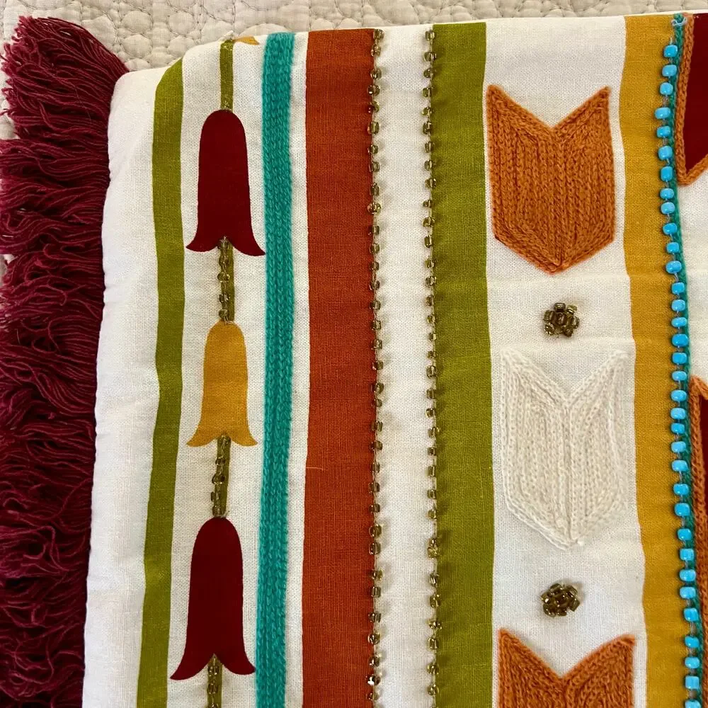 Southwestern Western Lumbar Pillow Cover 20x14 Embroidered Fringe Beaded Cotton